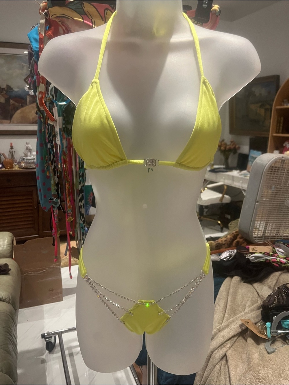 American Vintage Neon Yellow Rhinestone Chain Bikini